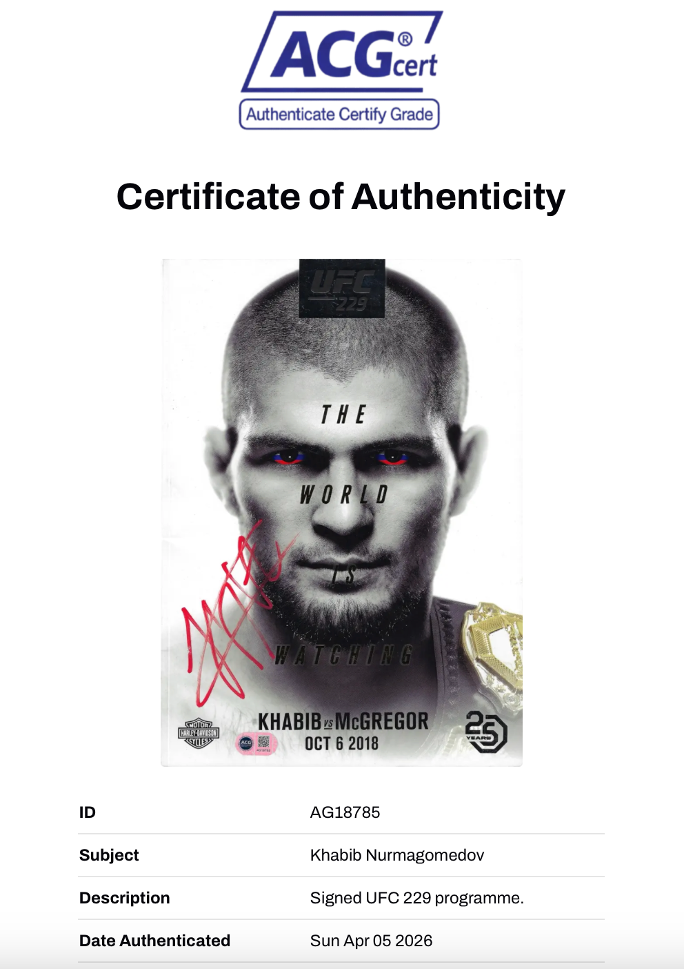 KHABIB NURMAGOMEDOV SIGNED UFC 229 MCGREGOR PROGRAMME (ACG CERT AG18785)