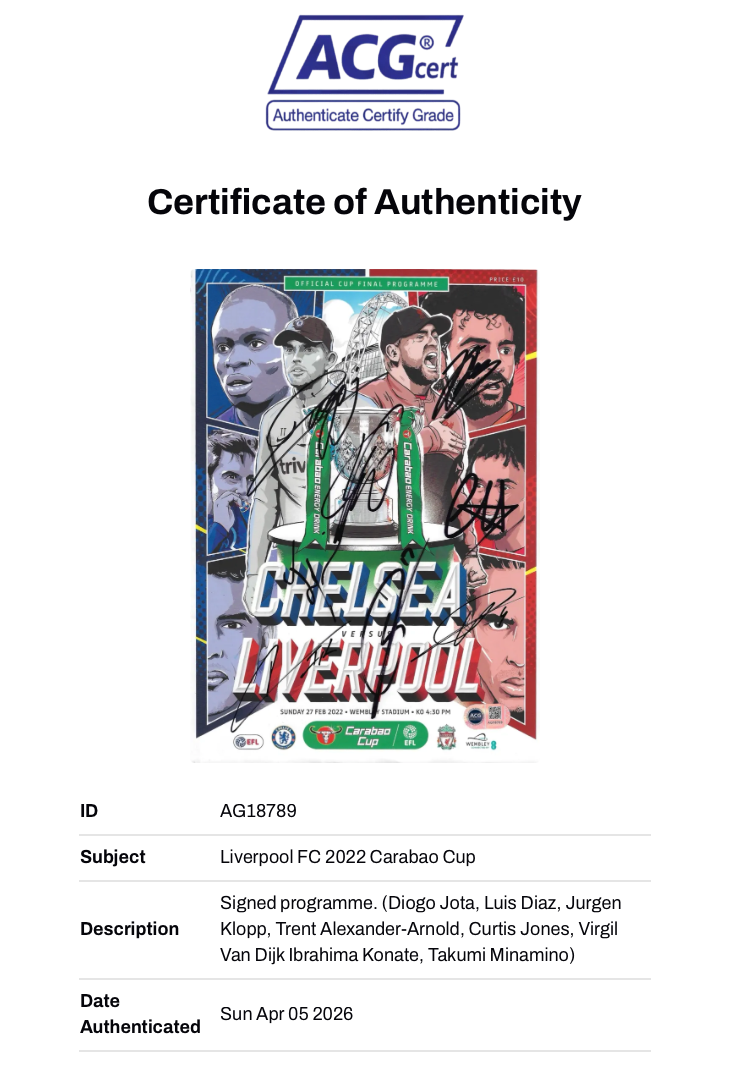 LIVERPOOL FC SIGNED CARABAO CUP FINAL 22 PROG KLOPP, VIRGIL, TRENT, JOTA (ACG CERT AG18789)-2