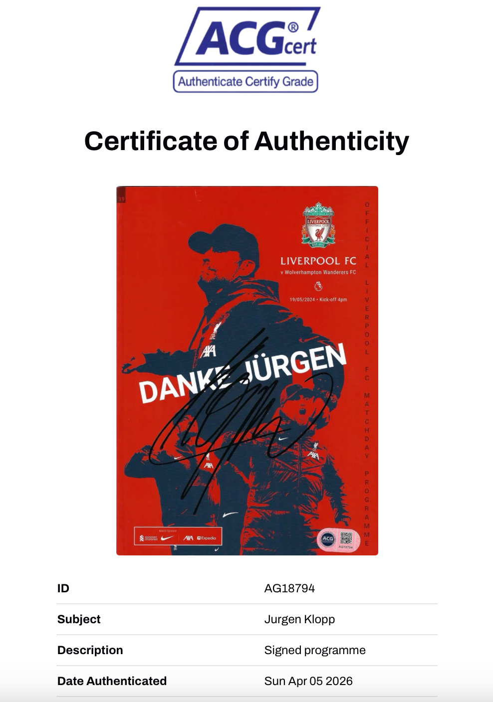 JURGEN KLOPP SIGNED FINAL LFC GAME PROGRAMME V WOLVES (ACG CERT AG18794)-2