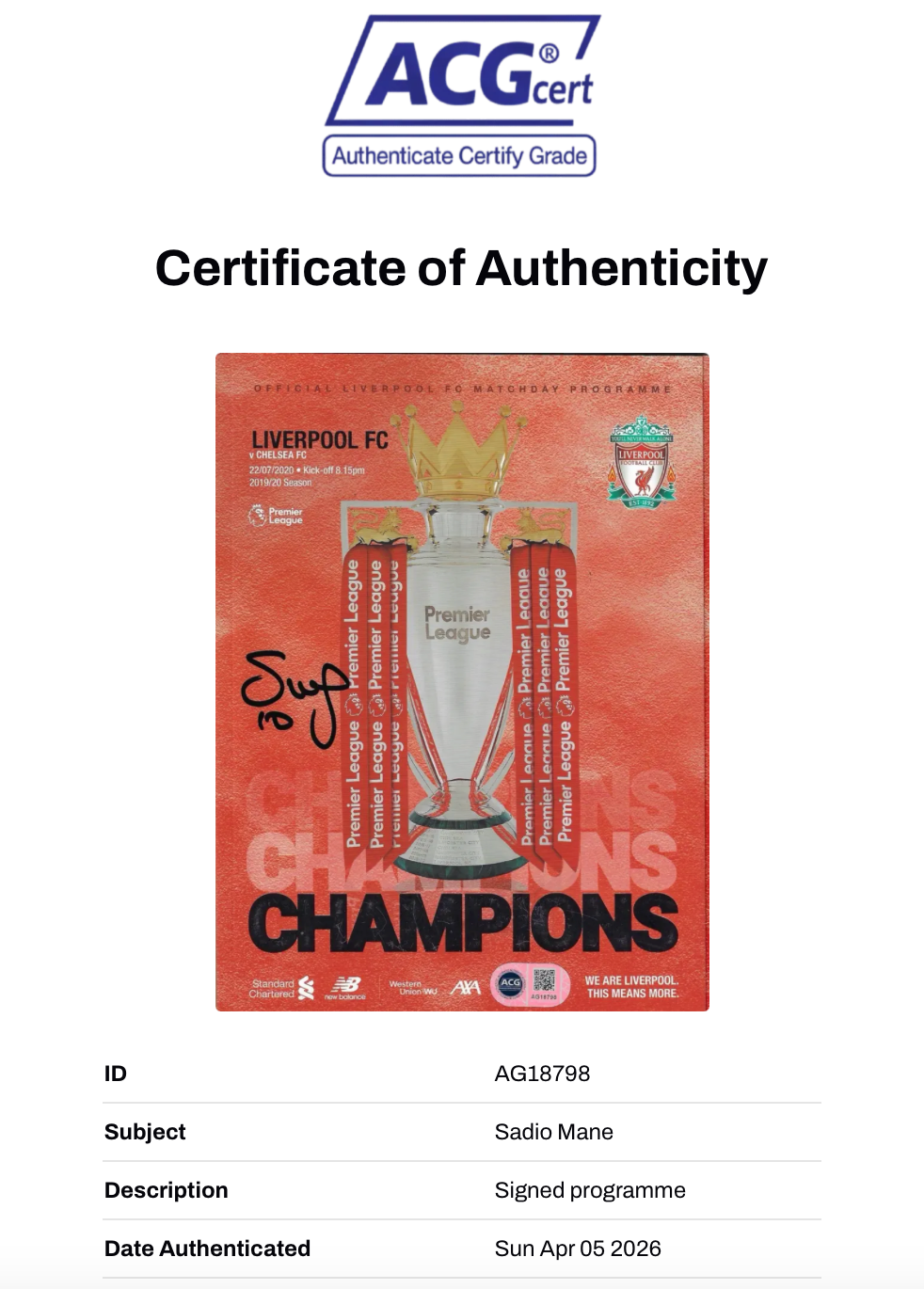 SADIO MANE LFC V CHELSEA CHAMPIONS 2019/20 SIGNED PROGRAMME (ACG CERT AG18798)-2