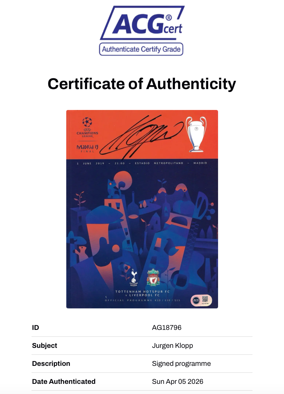 JURGEN KLOPP SIGNED 2019 LFC CHAMPIONS LEAGUE FINAL PROGRAMME (ACG CERT AG18796)-2