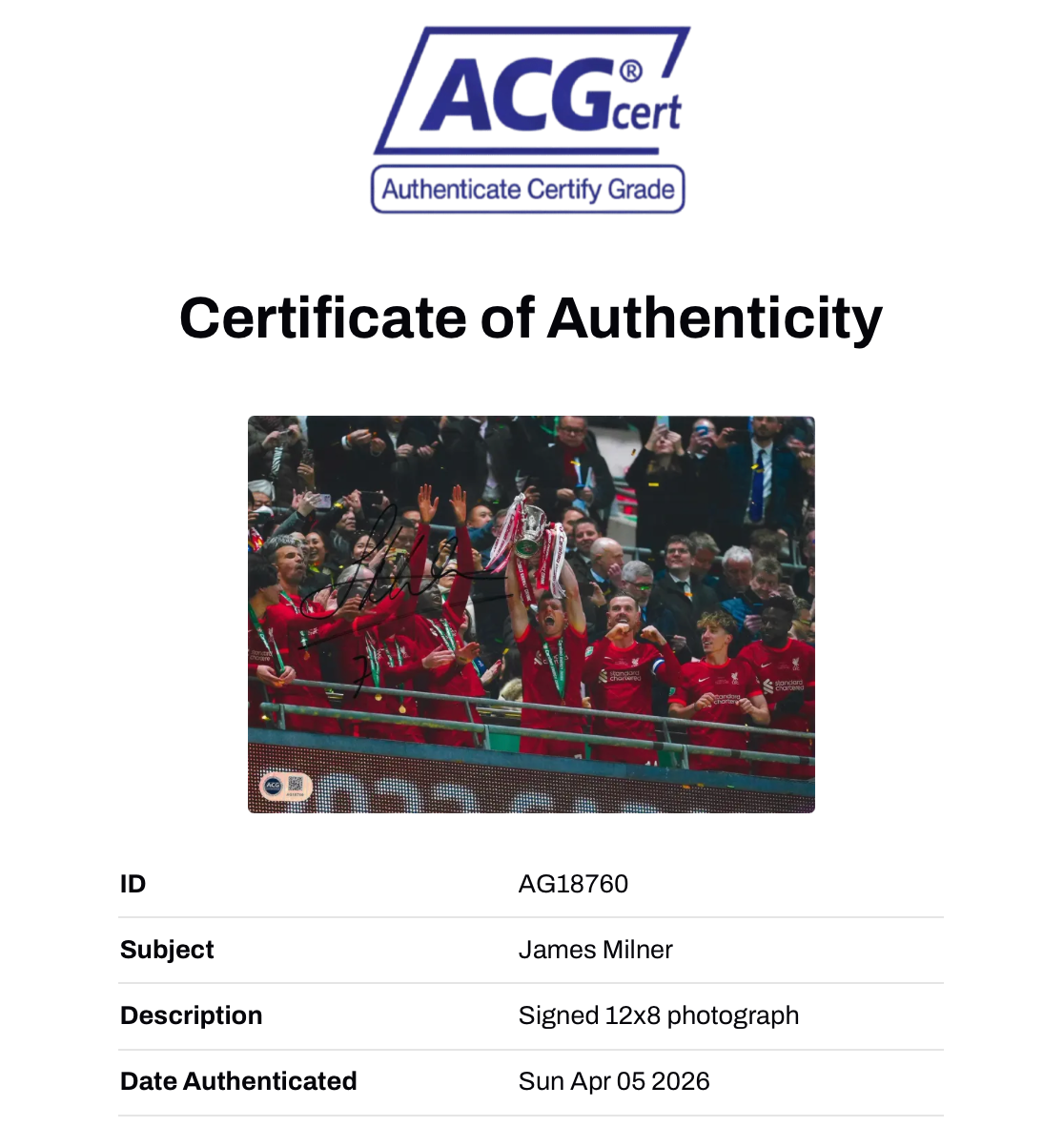 JAMES MILNER SIGNED LIVERPOOL FC CARABAO CUP WIN 12x8 PHOTOGRAPH (ACG CERT AG18760)