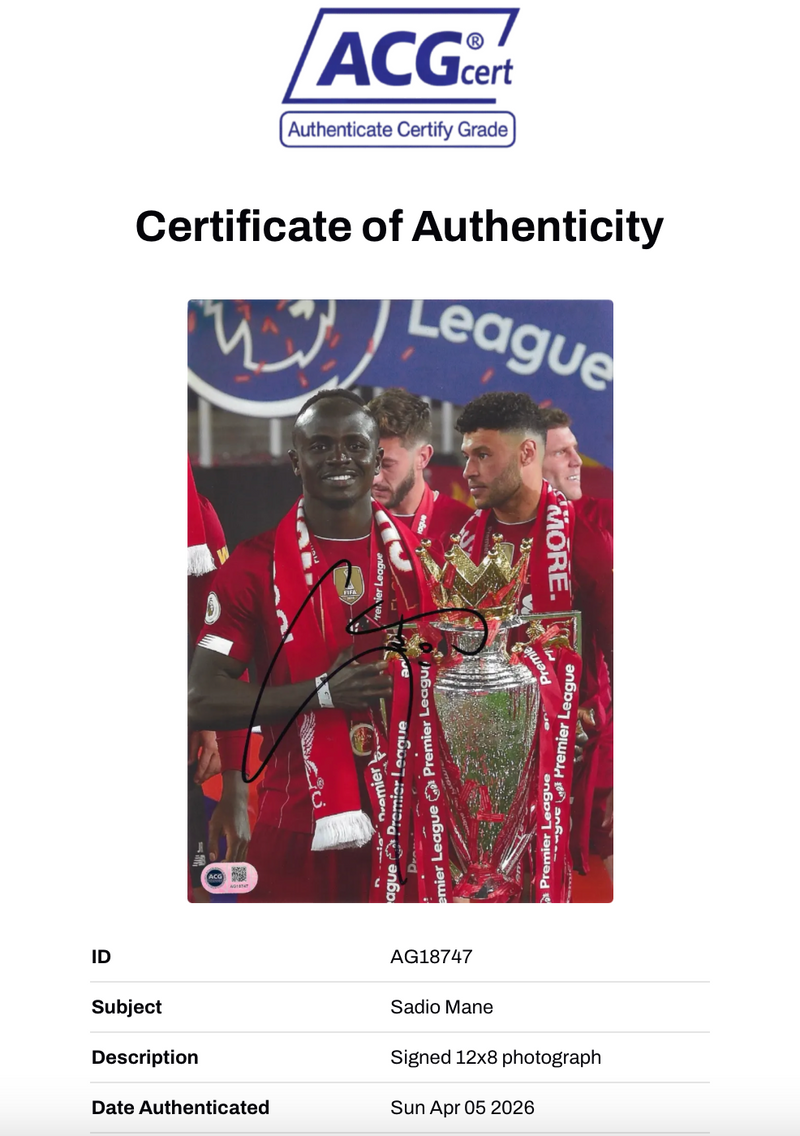 SADIO MANE SIGNED LIVERPOOL FC PREMIER LEAGUE WIN 12X8 PHOTO (ACG CERT AG18747)-2