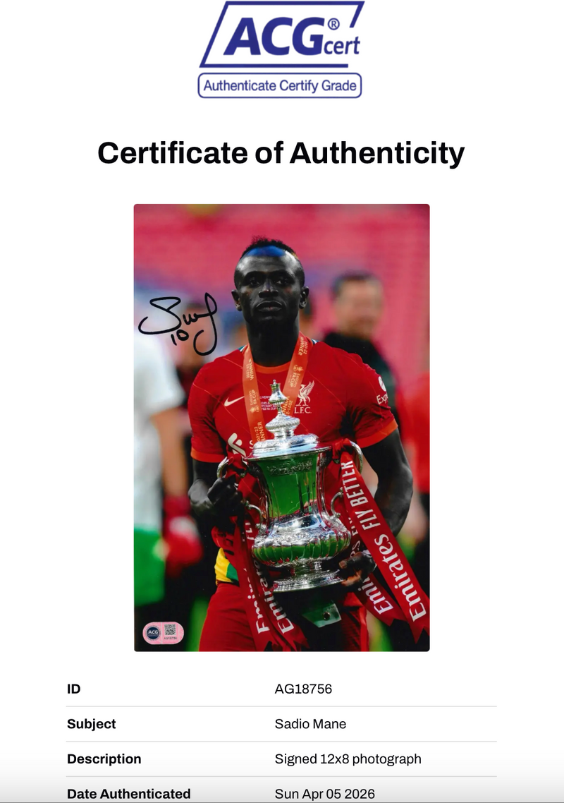 SADIO MANE SIGNED LIVERPOOL FC FA CUP WIN 12X8 PHOTO (ACG CERT AG18756)-2