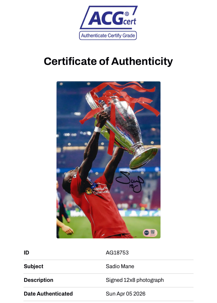 SADIO MANE SIGNED LIVERPOOL FC UCL FINAL WIN 12X8 PHOTO (ACG CERT AG18753)-2