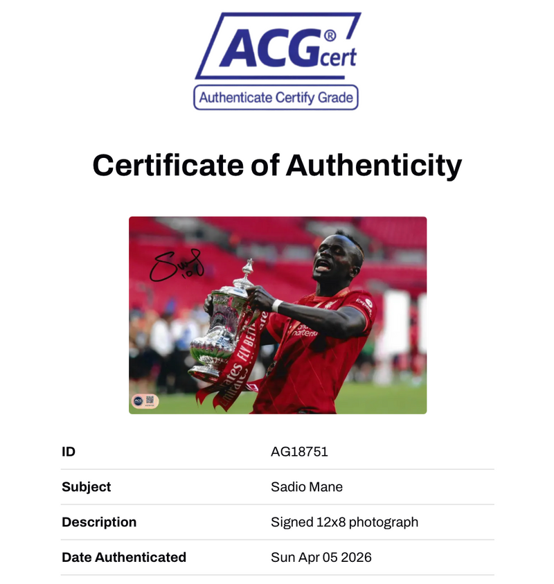 SADIO MANE SIGNED LIVERPOOL FC FA CUP FINAL WIN 12X8 PHOTO (ACG CERT AG18751)-2