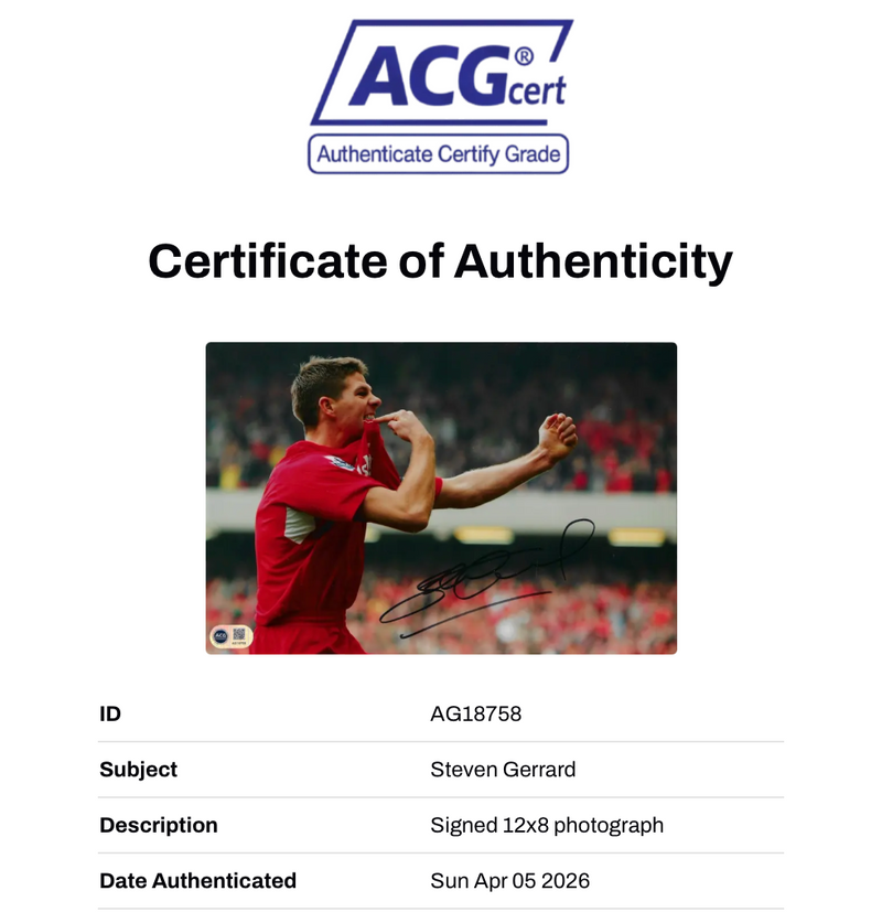 STEVEN GERRARD SIGNED LIVERPOOL FC LEGEND 12x8 PHOTO (ACG CERT AG18758)-2