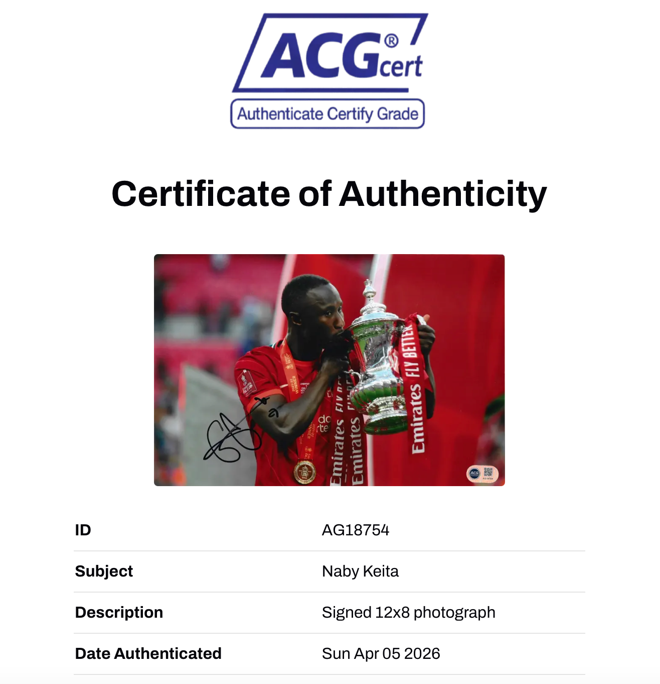 NABY KEITA SIGNED LIVERPOOL FC FA CUP WIN 12X8 PHOTO (ACG CERT AG18754)-2