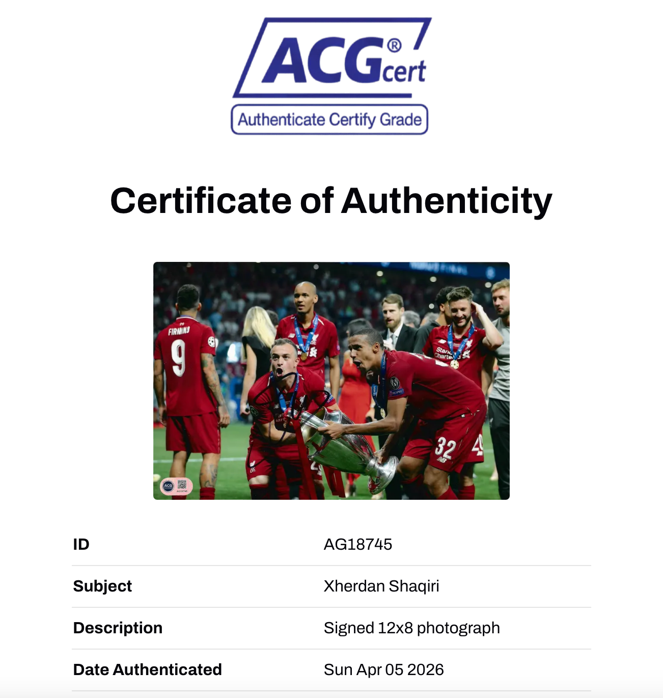XHERDAN SHAQIRI SIGNED LIVERPOOL FC UCL WIN 12X8 PHOTO (ACG CERT AG18745)-2