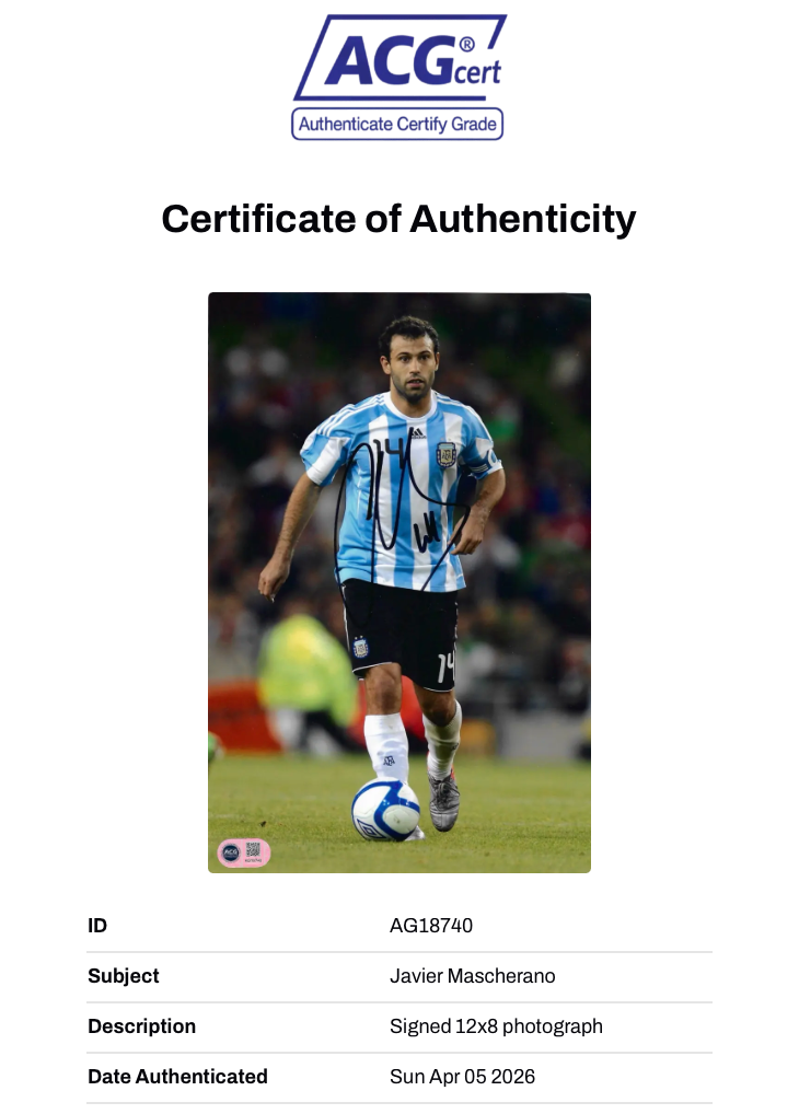 JAVIER MASCHERANO SIGNED 12X8 ARGENTINA PHOTOGRAPH (ACG CERT AG18740)-2