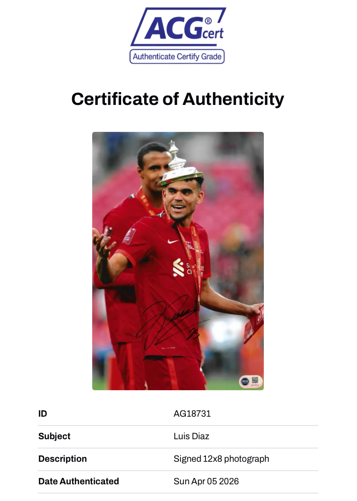 LUIS DIAZ SIGNED LIVERPOOL FA CUP WIN 12X8 PHOTO (ACG CERT AG18731)-2