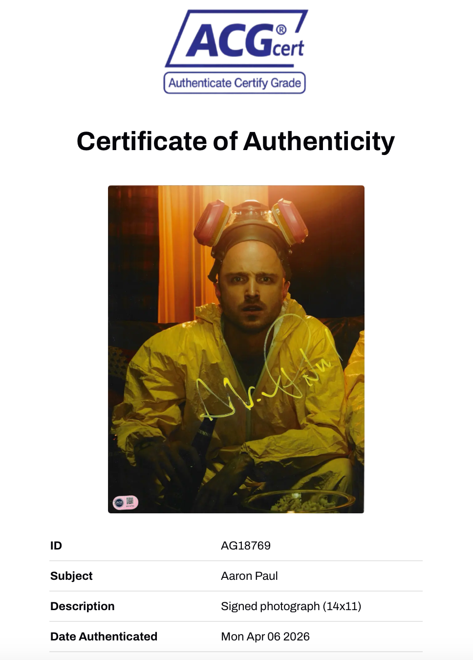 AARON PAUL SIGNED BREAKING BAD JESSE PINKMAN 14X11 PHOTO (ACG CERT AG18769)