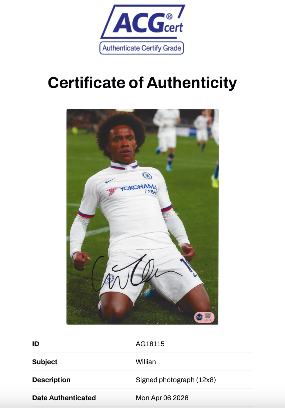 WILLIAN BORGES SIGNED CHELSEA FC 12x8 PHOTO (ACG CERT AG18115)-2
