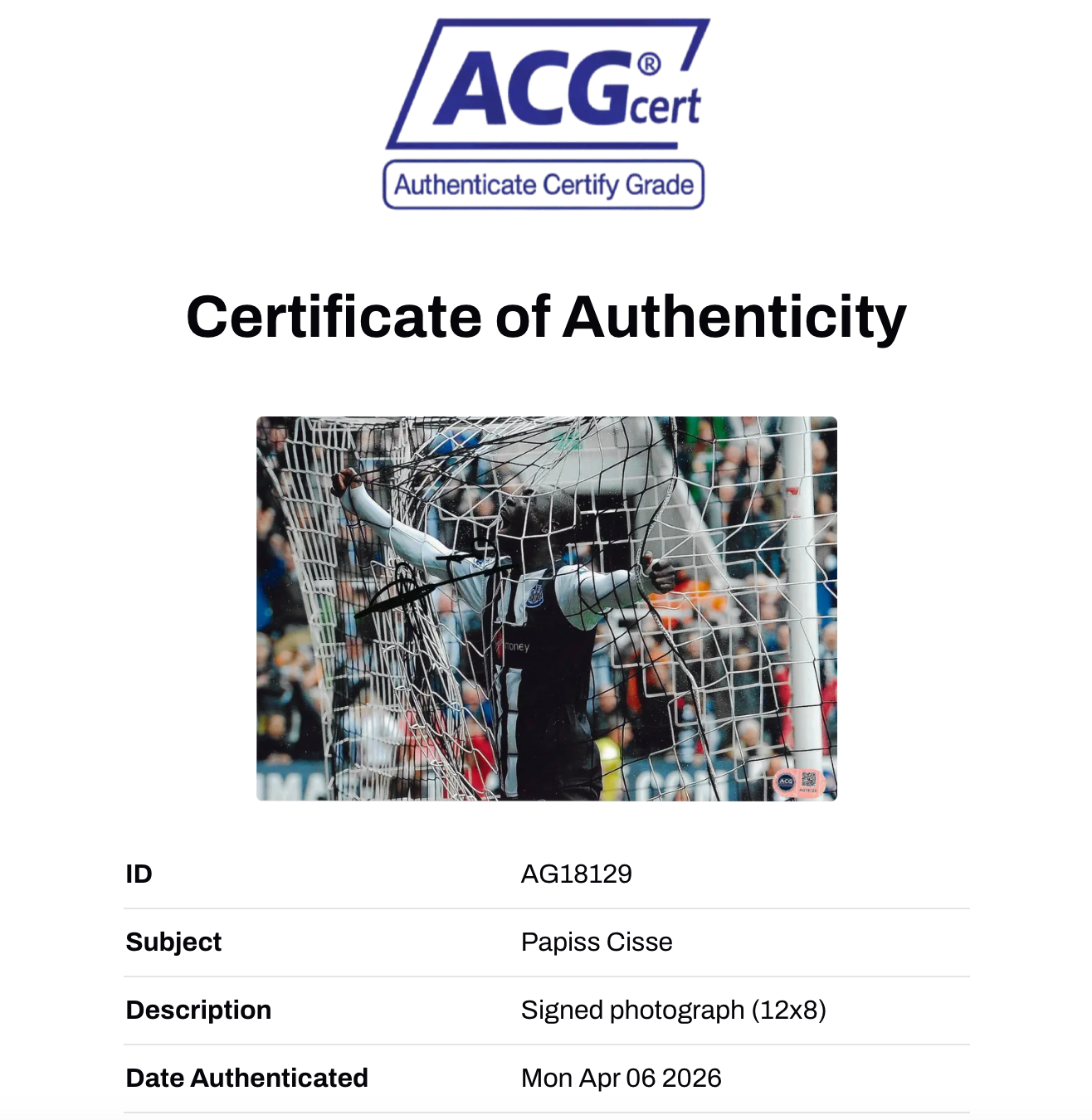 PAPISS CISSE SIGNED NEWCASTLE UNITED 12x8 PHOTO (ACG CERT AG18129)-2