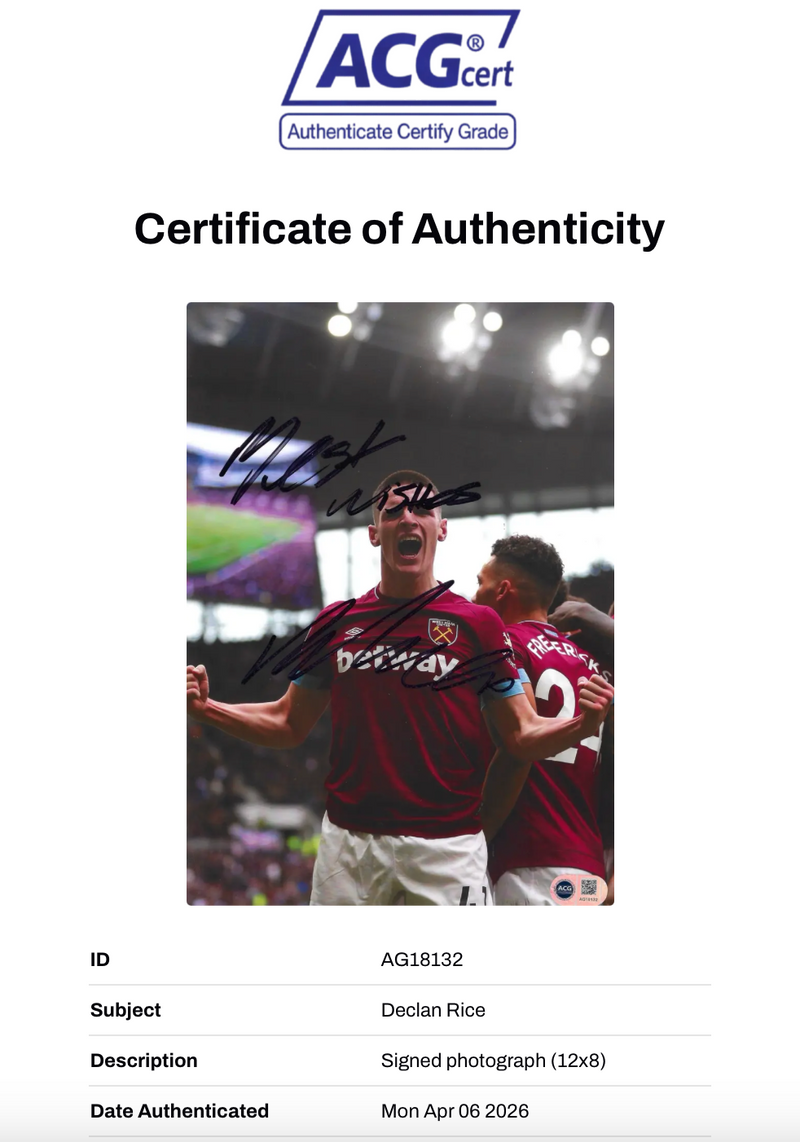DECLAN RICE SIGNED WEST HAM UNITED 12x8 PHOTO (ACG CERT AG18132)-2