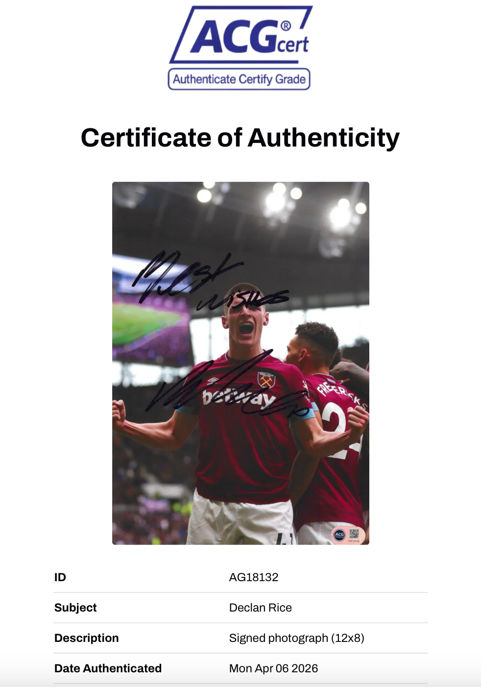 DECLAN RICE SIGNED WEST HAM UNITED 12x8 PHOTO (ACG CERT AG18132)