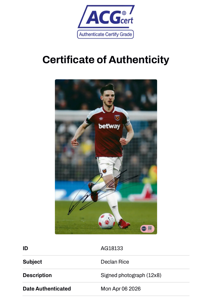 DECLAN RICE SIGNED WEST HAM UNITED 12x8 PHOTO (ACG CERT AG18133)