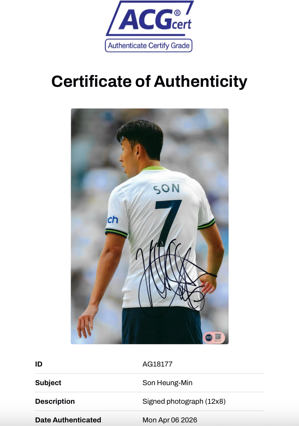 SON HEUNG-MIN SIGNED 12X8 TOTTENHAM HOTSPUR PHOTO (ACG CERT AG18177)