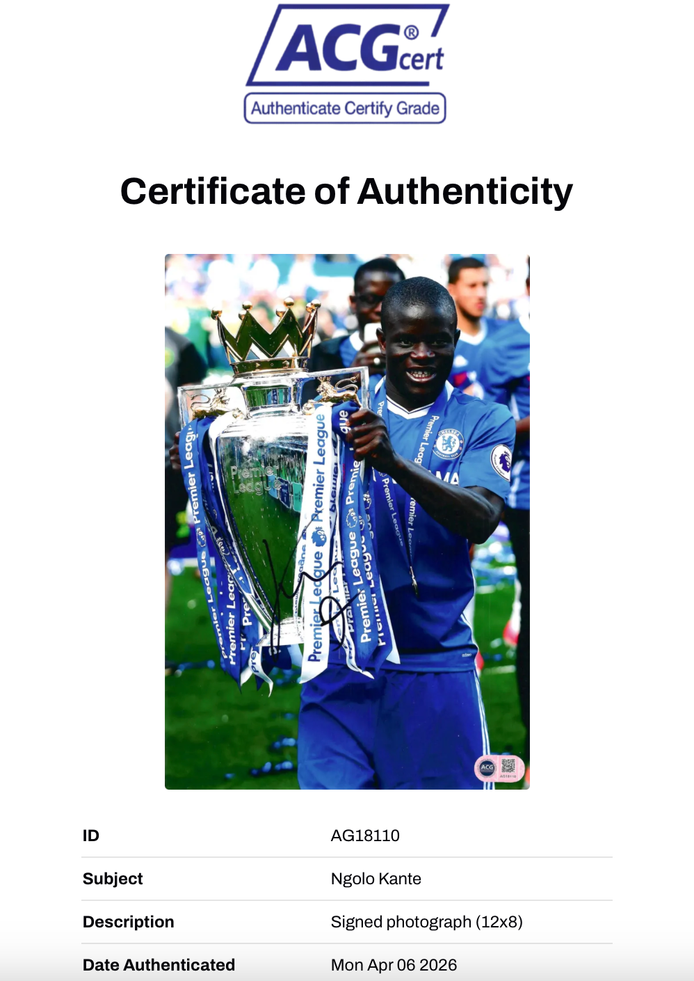NGOLO KANTE SIGNED CHELSEA FC EPL WINNER 12x8 PHOTO (ACG CERT AG18110)-2