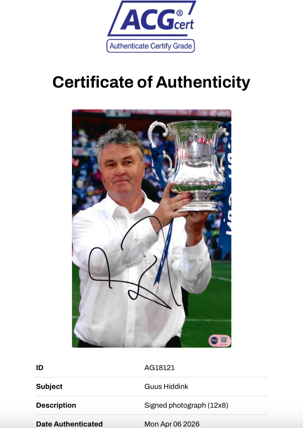 GUUS HIDDINK SIGNED 12X8 CHELSEA MANAGER PHOTO (ACG CERT AG18121)-2