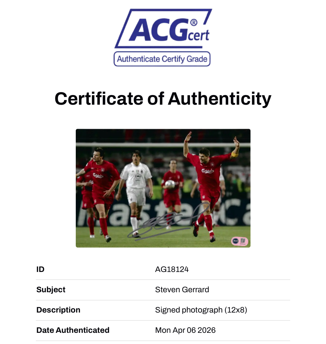 STEVEN GERRARD SIGNED LIVERPOOL FC LEGEND 12x8 PHOTO (ACG CERT AG18124)