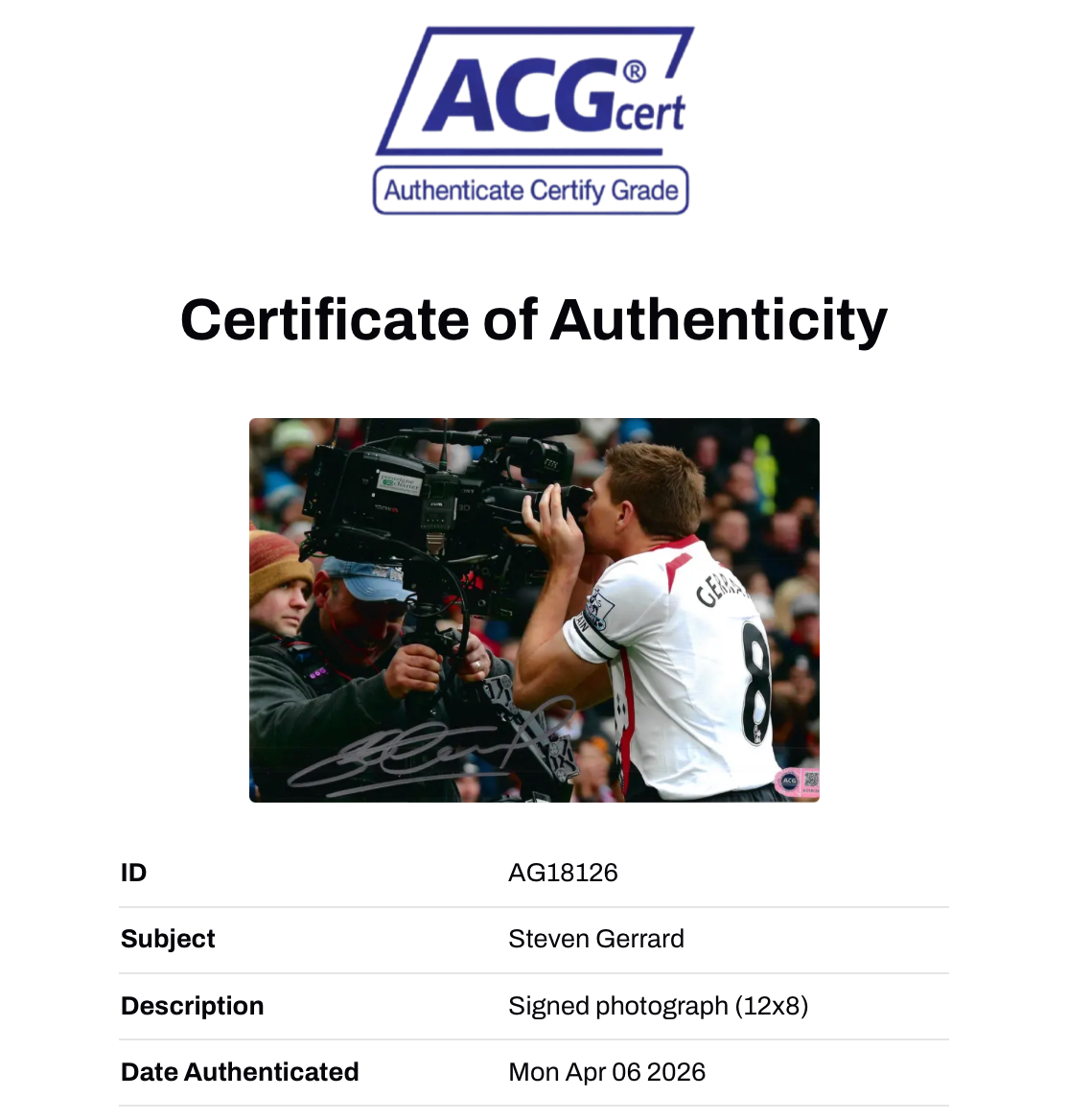STEVEN GERRARD SIGNED LIVERPOOL FC LEGEND 12x8 PHOTO (ACG CERT AG18126)