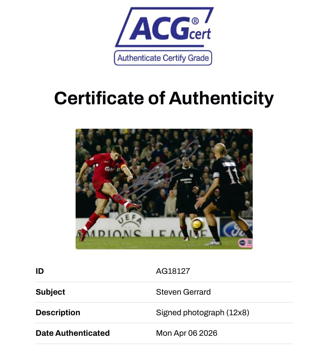 STEVEN GERRARD SIGNED LIVERPOOL OLYMPIACOS GOAL 12x8 PHOTO (ACG CERT AG18127)