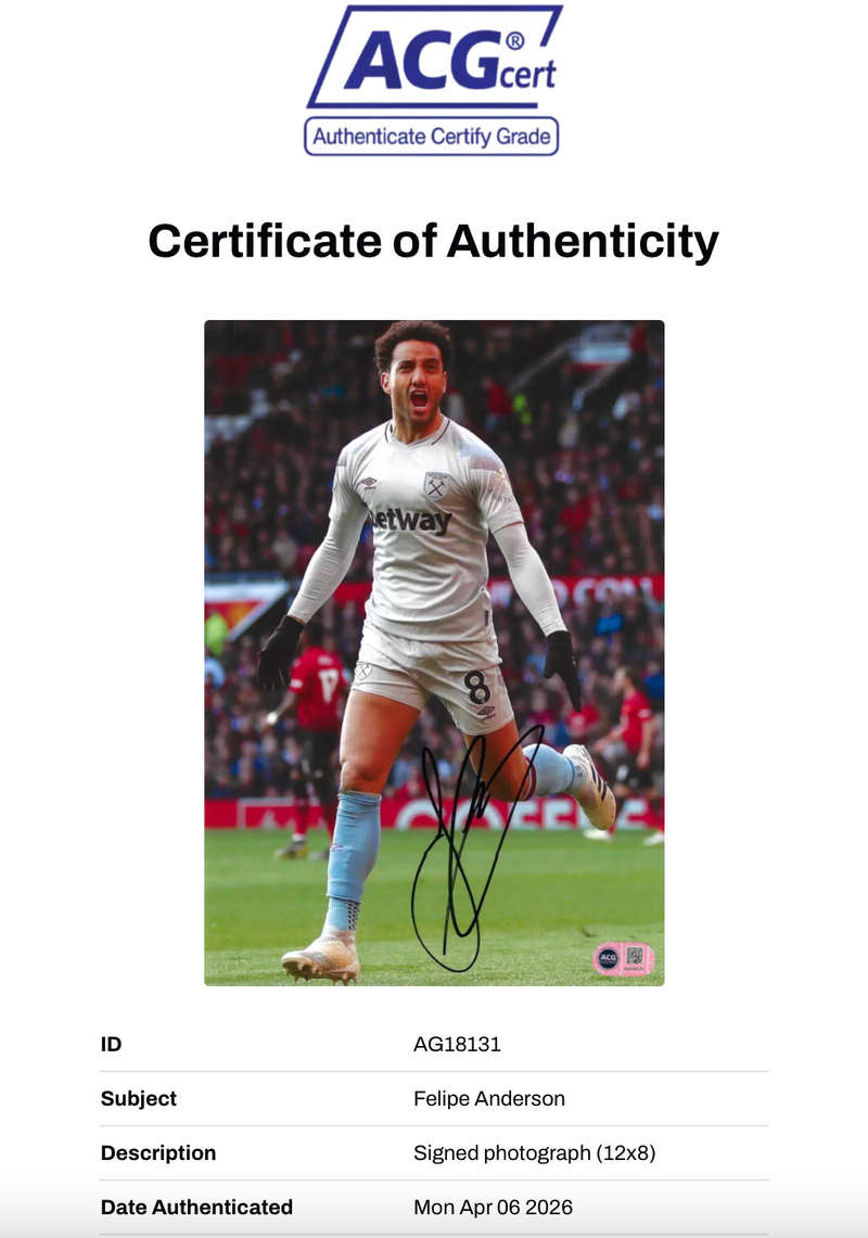 FELIPE ANDERSON SIGNED WEST HAM UNITED 12x8 PHOTO (ACG CERT AG18131)-2