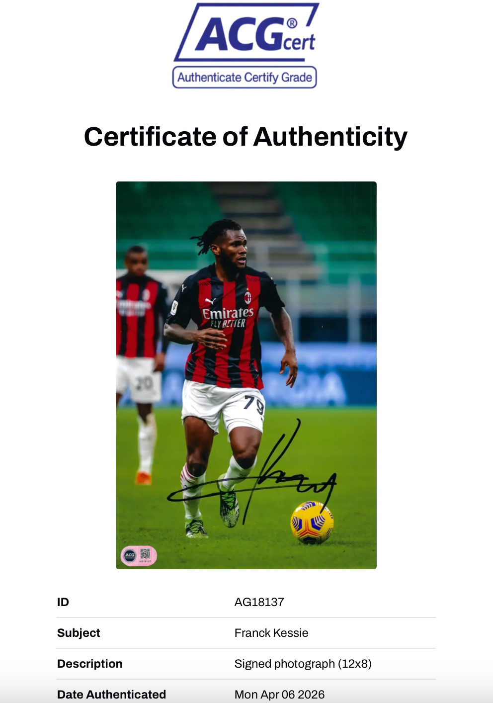 FRANCK KESSIE SIGNED AC MILAN 12x8 PHOTOGRAPH (ACG CERT AG18137)