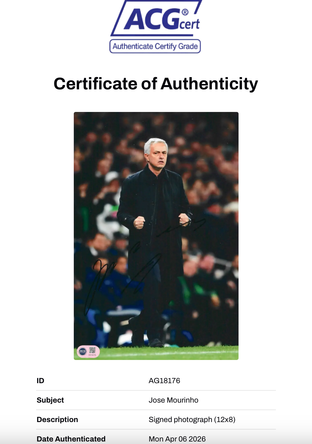 JOSE MOURINHO SIGNED FOOTBALL LEGEND 12x8 PHOTOGRAPH (ACG CERT AG18176)