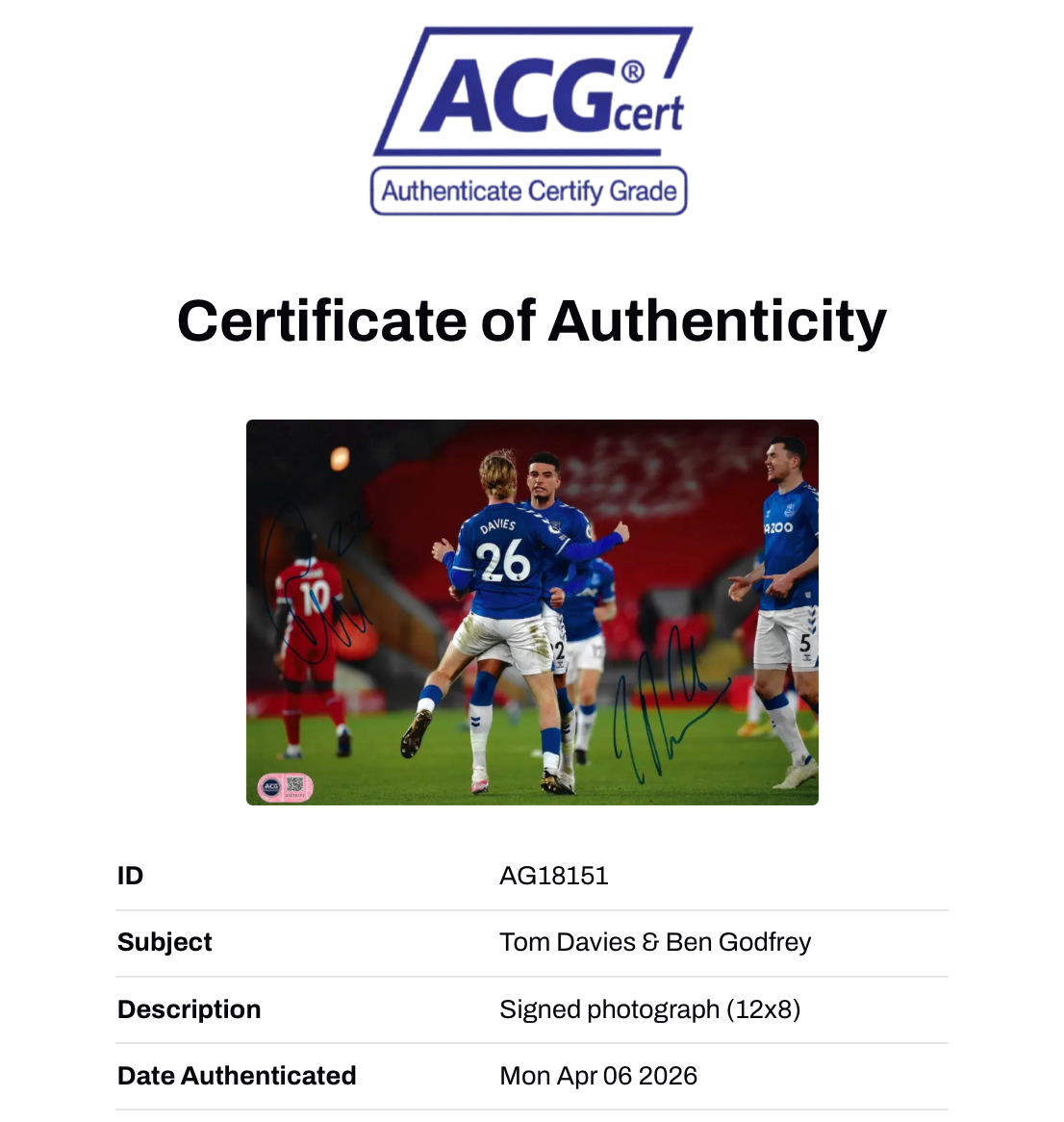 BEN GODFREY & TOM DAVIES SIGNED 12x8 ANFIELD WIN (ACG CERT AG18151)-2