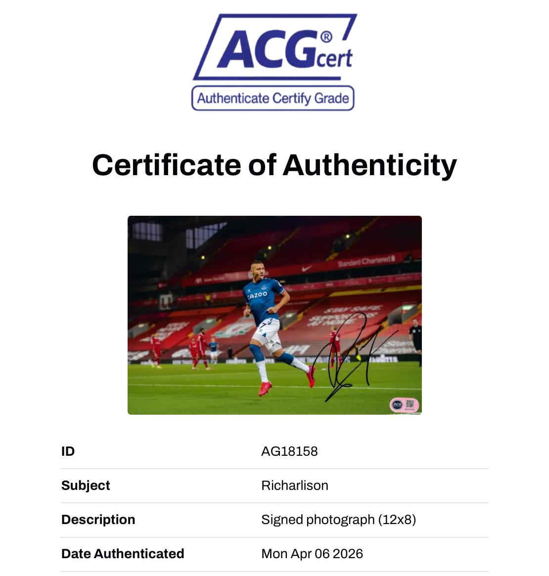 RICHARLISON SIGNED EVERTON 12X8 ANFIELD DERBY WIN PHOTO (ACG CERT AG18158)-2