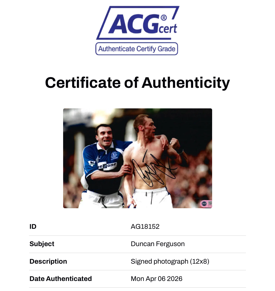 DUNCAN FERGUSON SIGNED EVERTON FC LEGEND 12X8 PHOTO (ACG CERT AG18152)-2