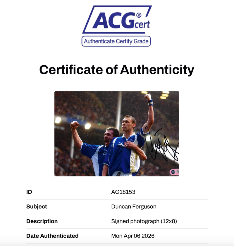 DUNCAN FERGUSON SIGNED EVERTON FC LEGEND 12X8 PHOTO (ACG CERT AG18153)-2