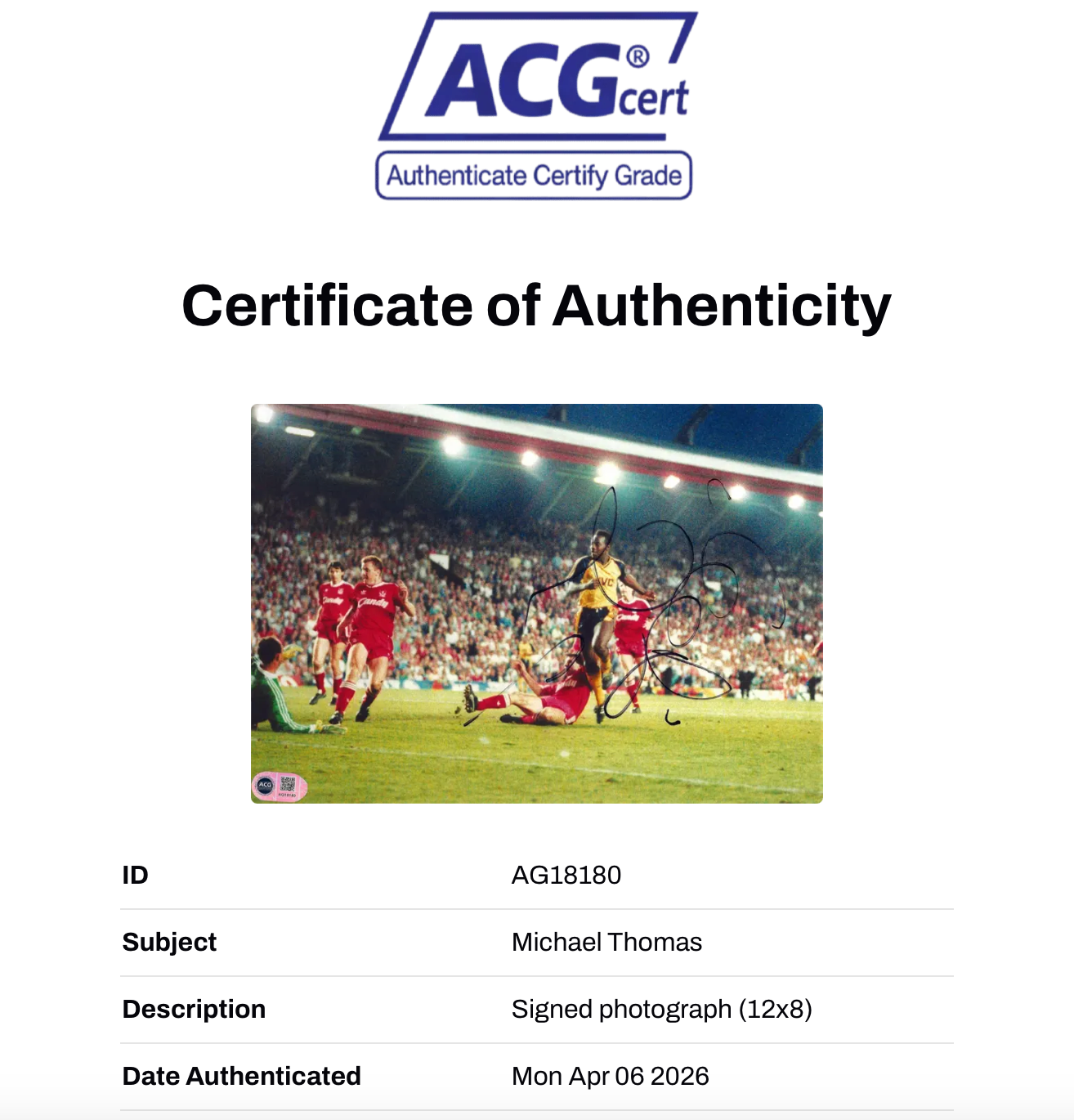 MICHAEL THOMAS SIGNED ARSENAL ANFIELD 1989 12X8 PHOTO (ACG CERT AG18180)-2