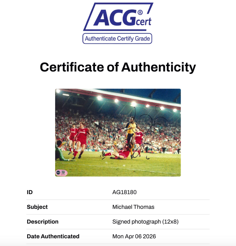 MICHAEL THOMAS SIGNED ARSENAL ANFIELD 1989 12X8 PHOTO (ACG CERT AG18180)-2