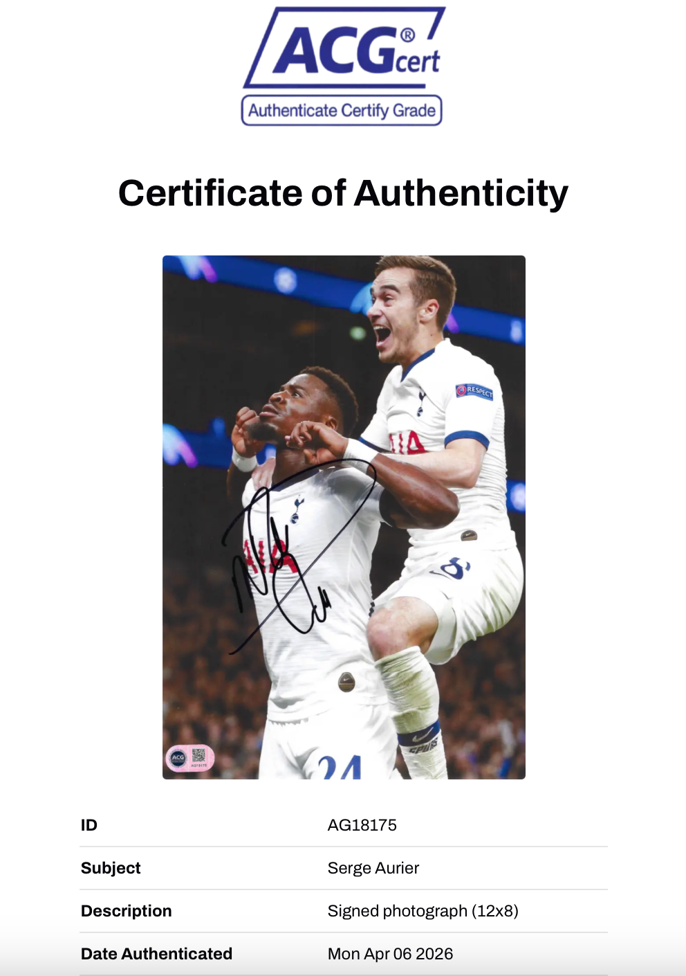 SERGE AURIER SIGNED 12X8 TOTTENHAM HOTSPUR PHOTOGRAPH (ACG CERT AG18175)