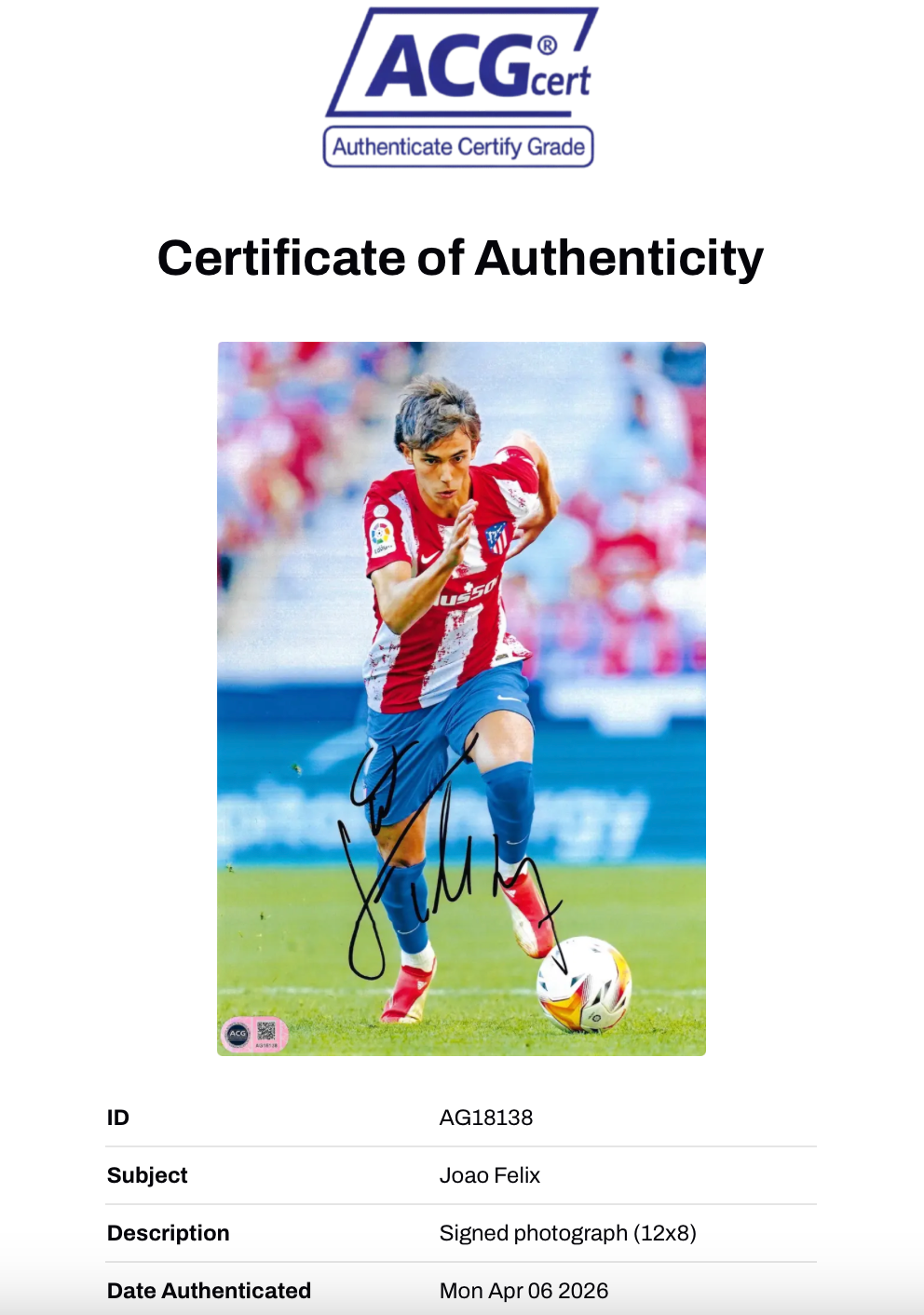 JOAO FELIX SIGNED 12x8 ATLETICO MADRID PHOTOGRAPH (ACG CERT AG18138)