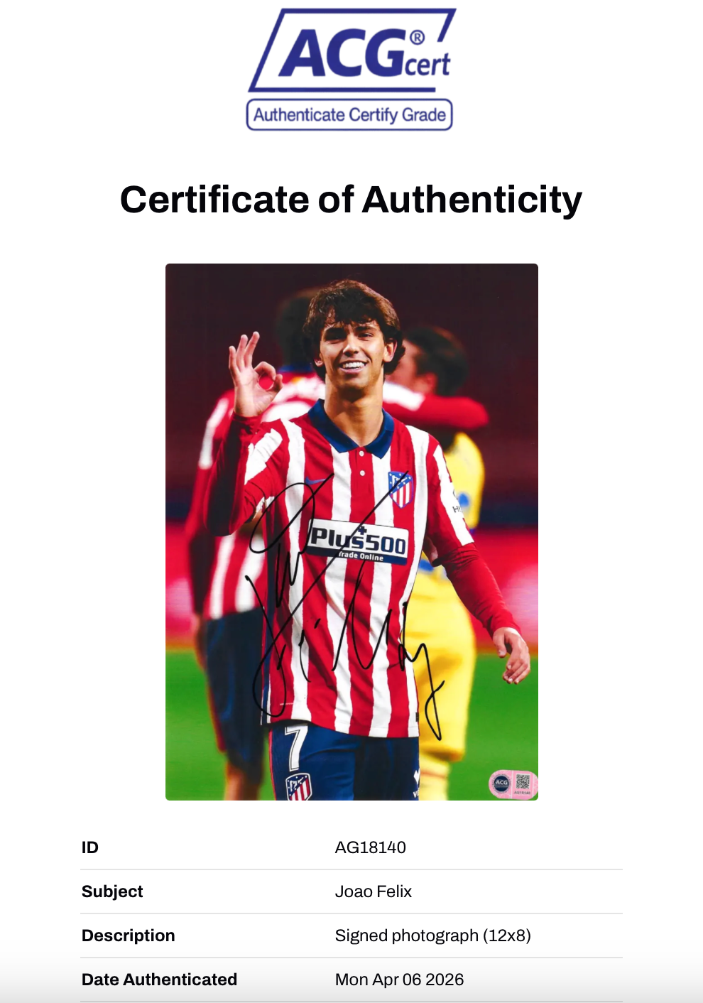 JOAO FELIX SIGNED 12x8 ATLETICO MADRID PHOTOGRAPH (ACG CERT AG18140)