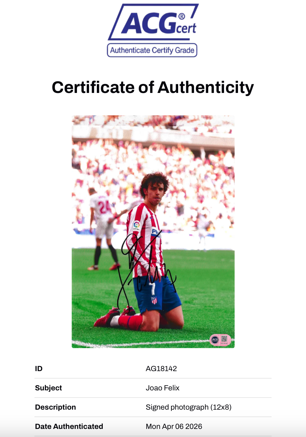 JOAO FELIX SIGNED 12x8 ATLETICO MADRID PHOTOGRAPH (ACG CERT AG18142)