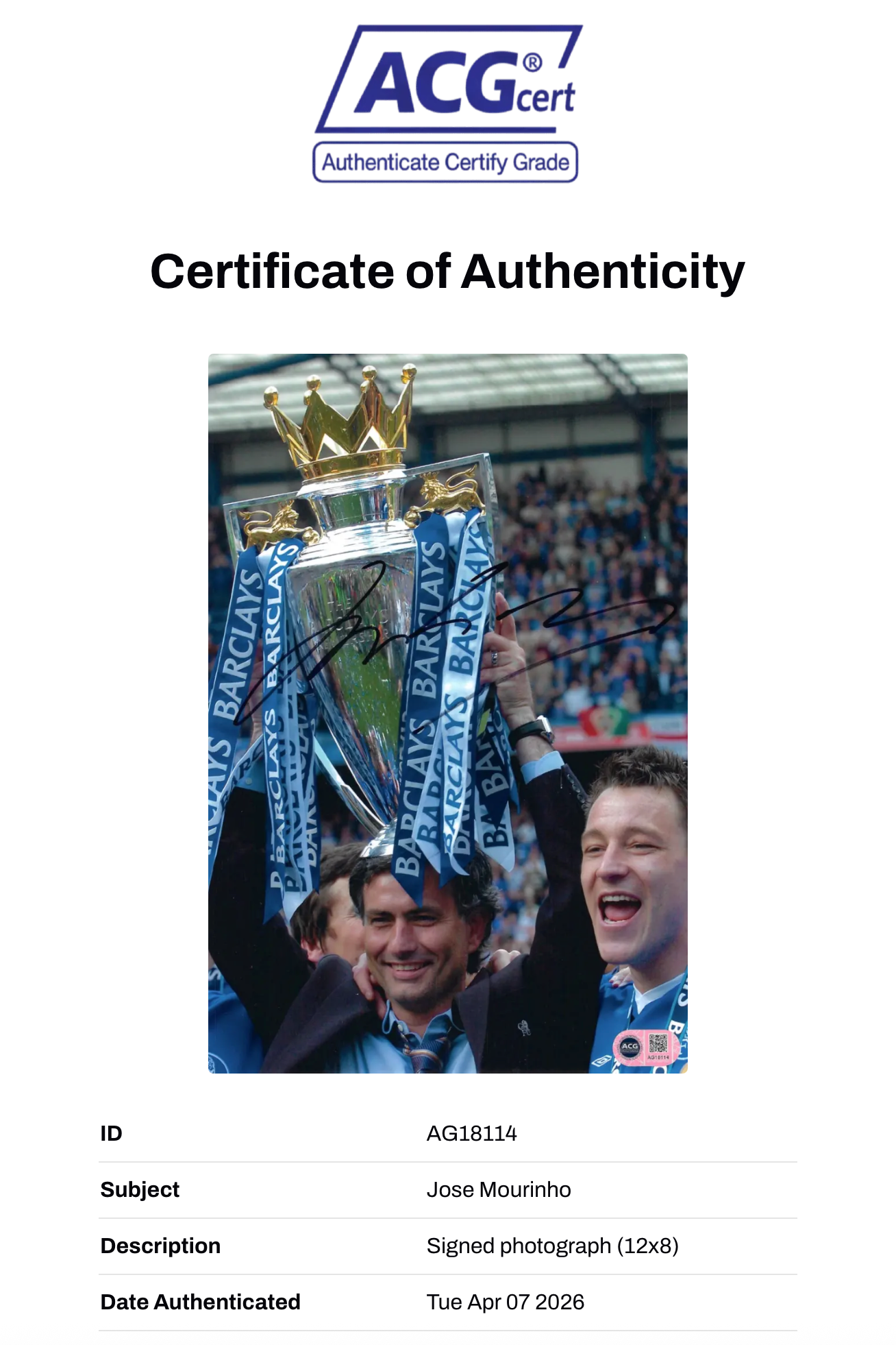 JOSE MOURINHO SIGNED FOOTBALL LEGEND 12x8 PHOTOGRAPH (ACG CERT AG18114)