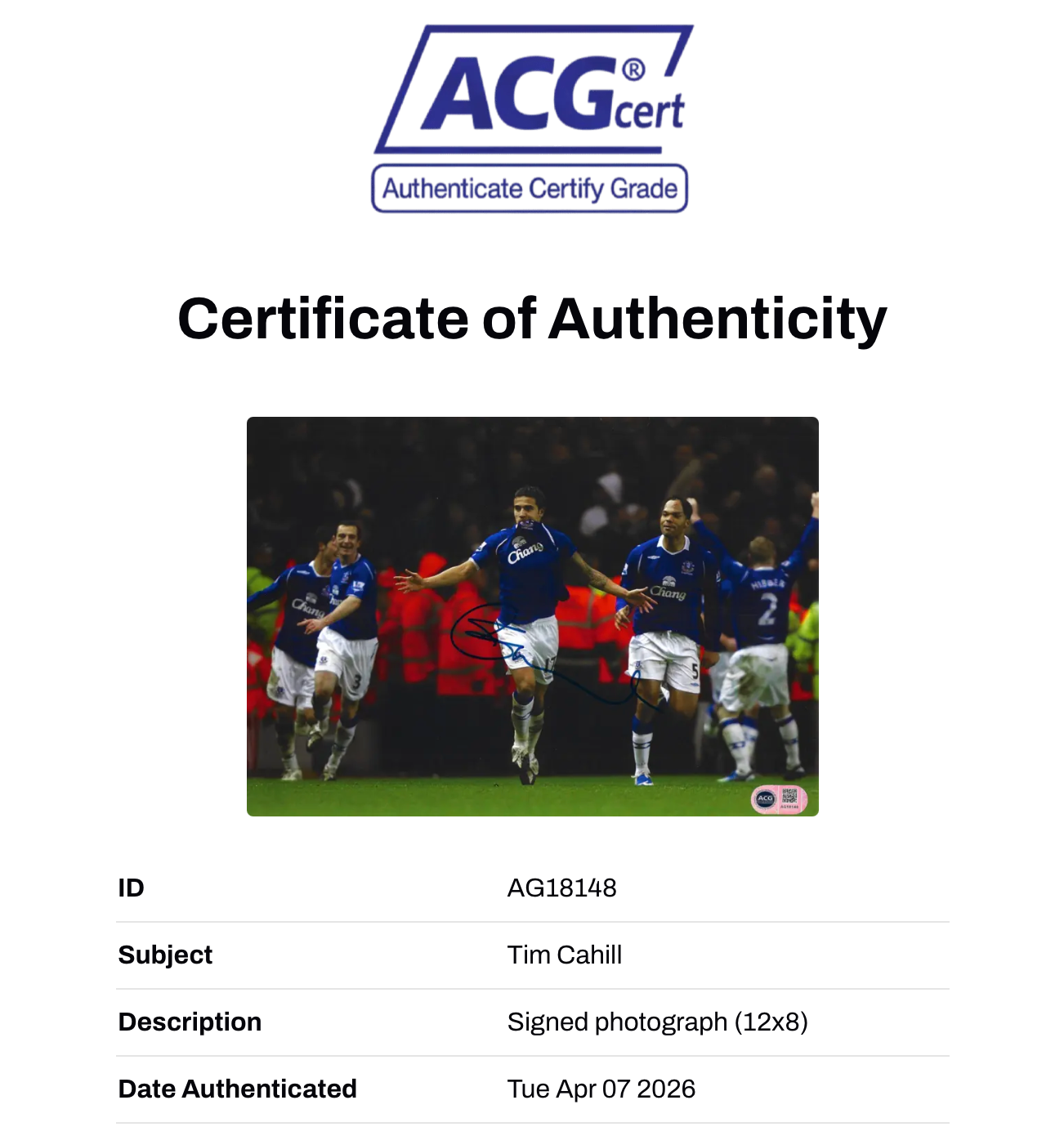 TIM CAHILL SIGNED EVERTON FC LEGEND 12X8 PHOTO (ACG CERT AG18148)-2