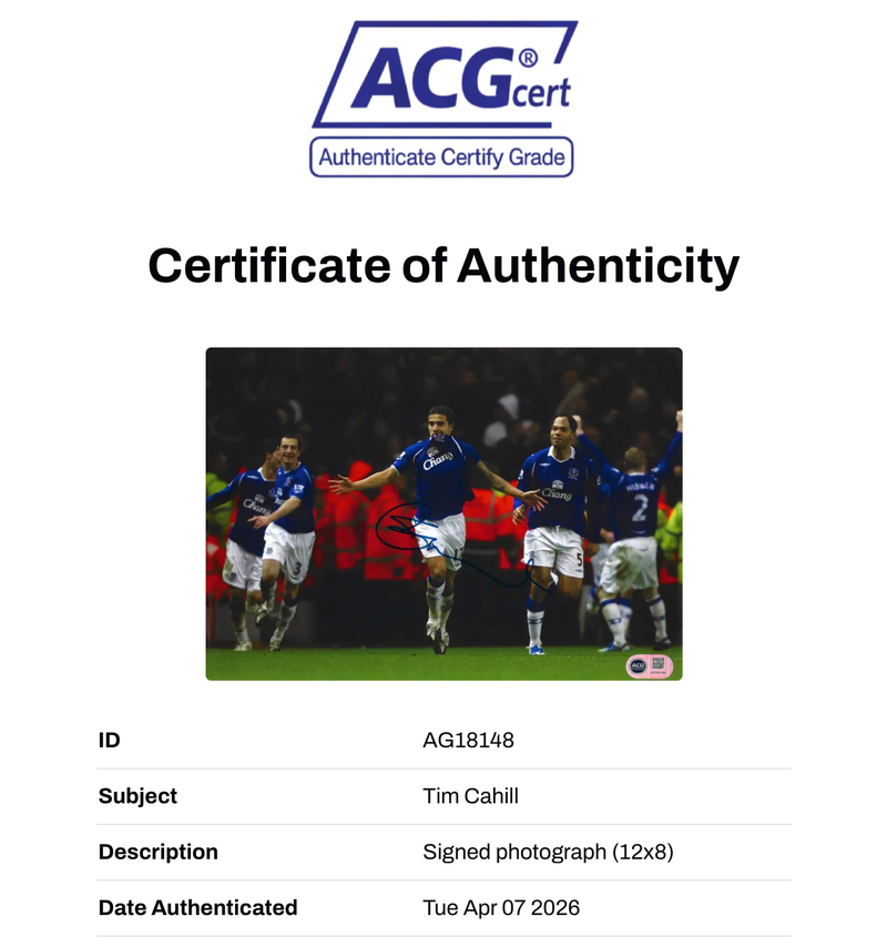TIM CAHILL SIGNED EVERTON FC LEGEND 12X8 PHOTO (ACG CERT AG18148)-2