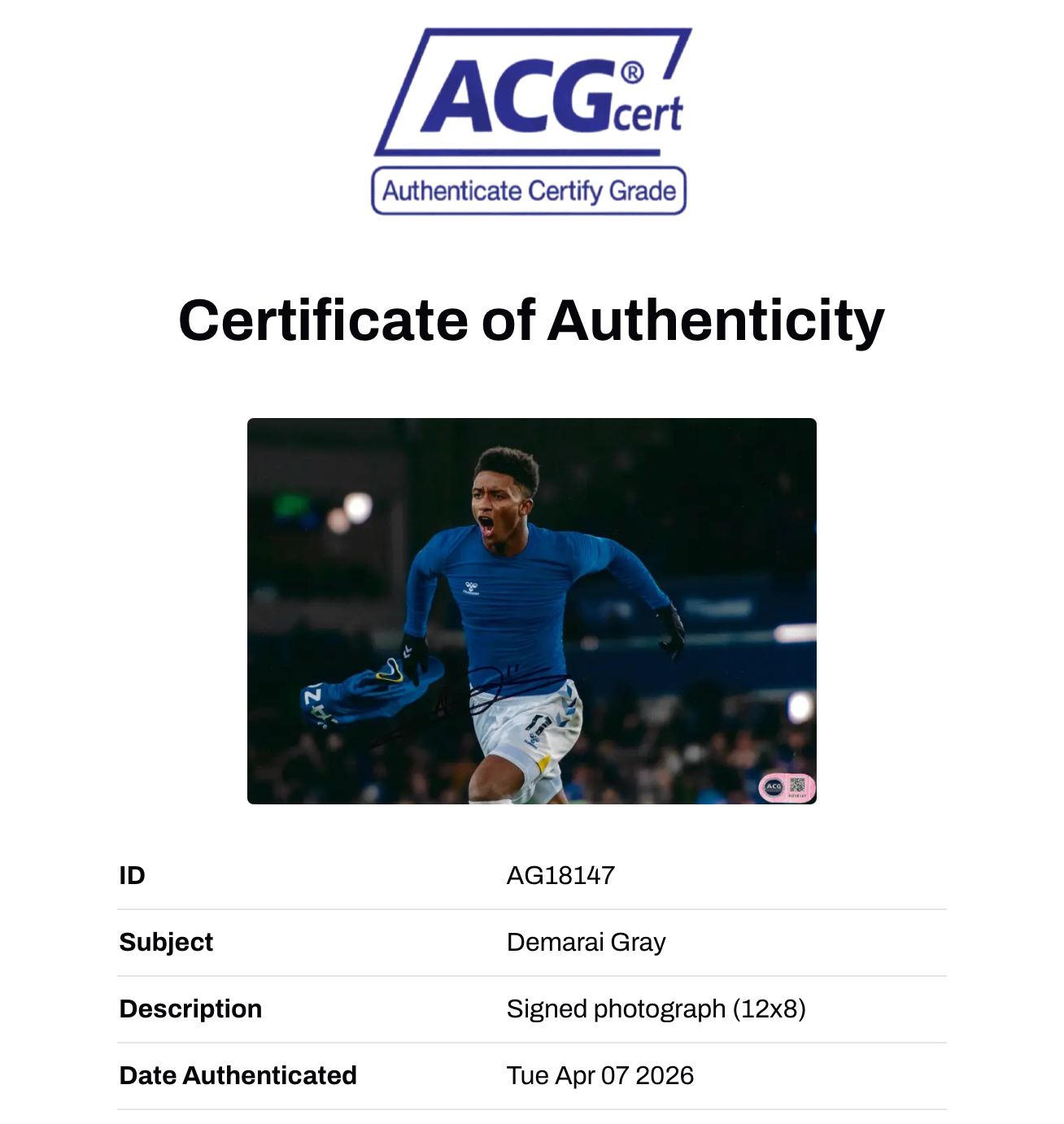 DEMARAI GRAY SIGNED EVERTON FC 12X8 PHOTO (ACG CERT AG18147)-2