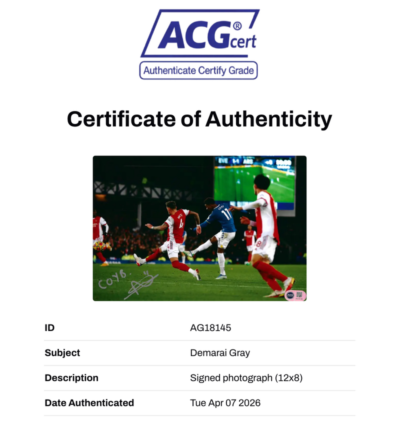 DEMARAI GRAY SIGNED EVERTON FC 12X8 PHOTO (ACG CERT AG18145)-2