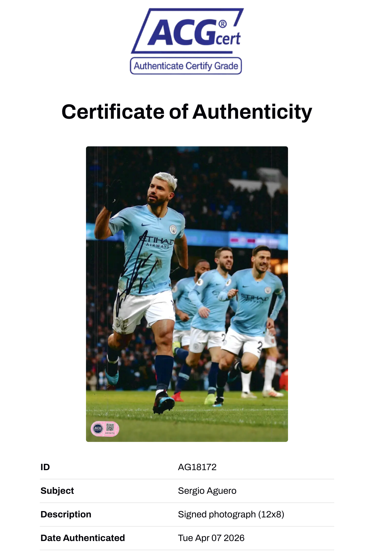SERGIO AGUERO SIGNED MANCHESTER CITY 12X8 PHOTO (ACG CERT AG18172)