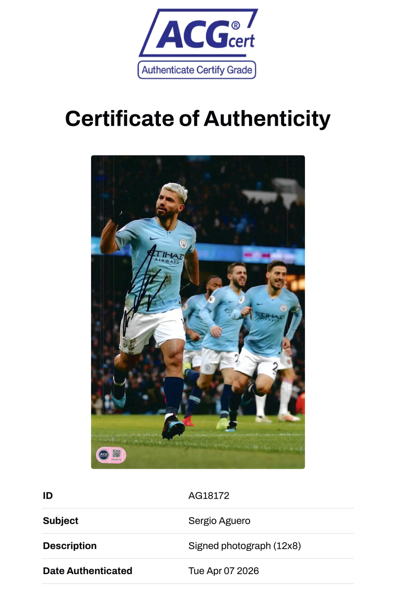 SERGIO AGUERO SIGNED MANCHESTER CITY 12X8 PHOTO (ACG CERT AG18172)-2