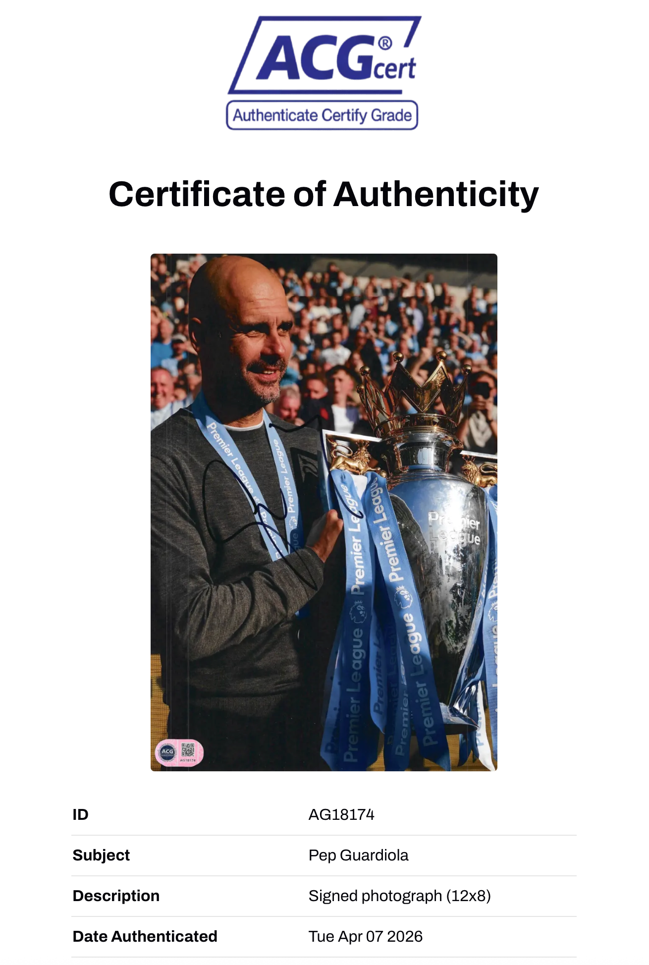 PEP GUARDIOLA SIGNED MANCHESTER CITY 12X8 CHAMPIONS PHOTO (ACG CERT AG18174)