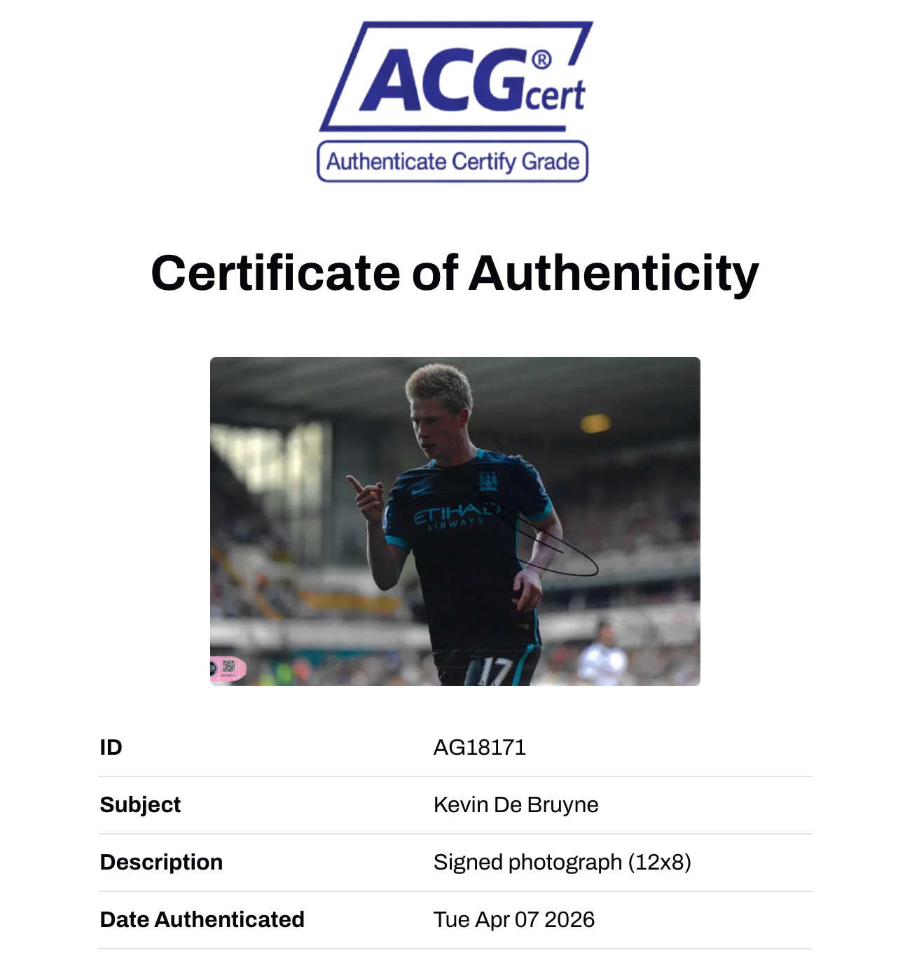 KEVIN DE BRUYNE SIGNED MANCHESTER CITY 12X8 PHOTO (ACG CERT AG18171)