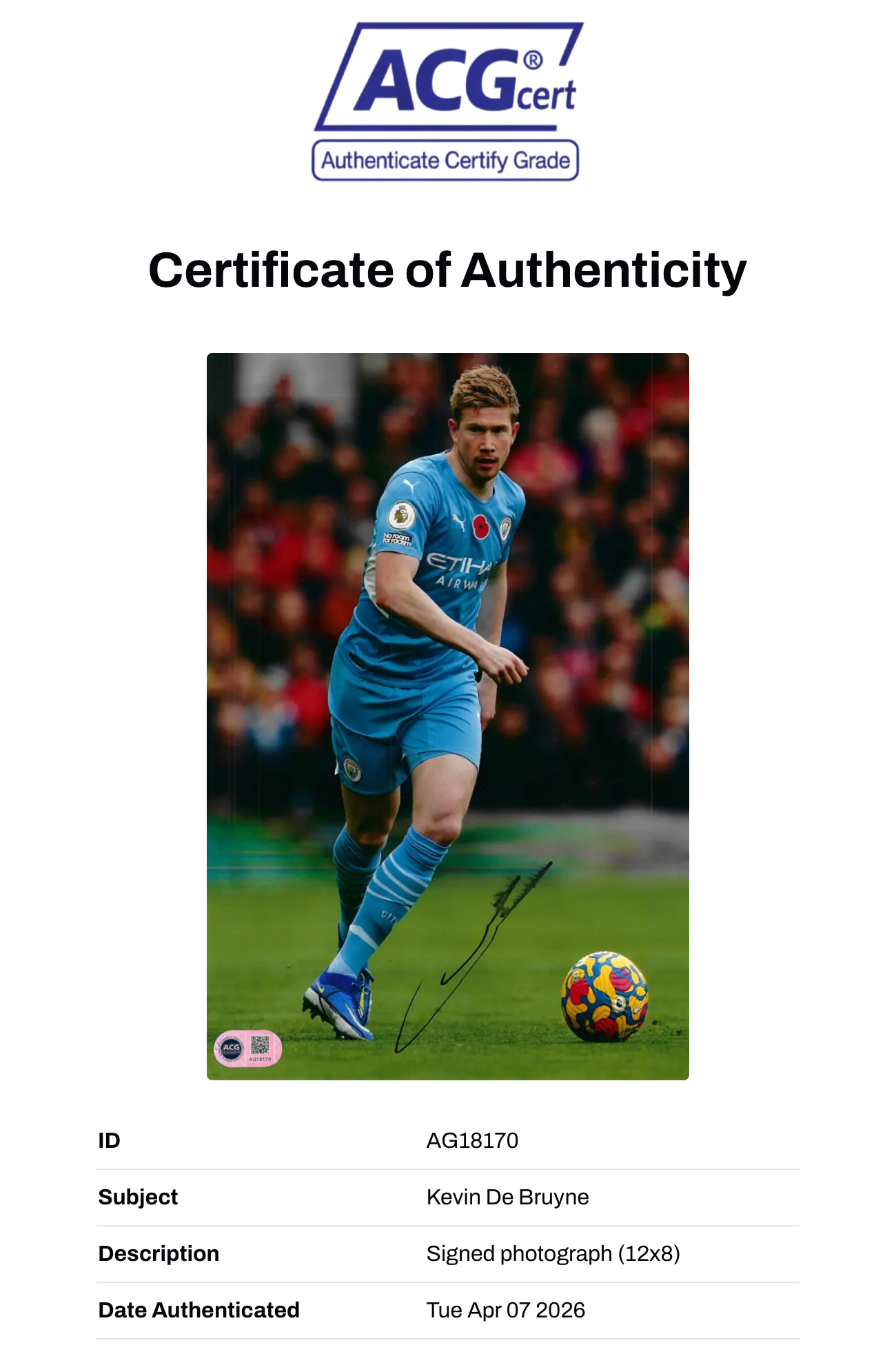 KEVIN DE BRUYNE SIGNED MANCHESTER CITY 12X8 PHOTO (ACG CERT AG18170)